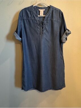 philosophy denim shirt dress Philosophy Grey Denim Jean Shirt Dress Tab Button Short Sleeve Small